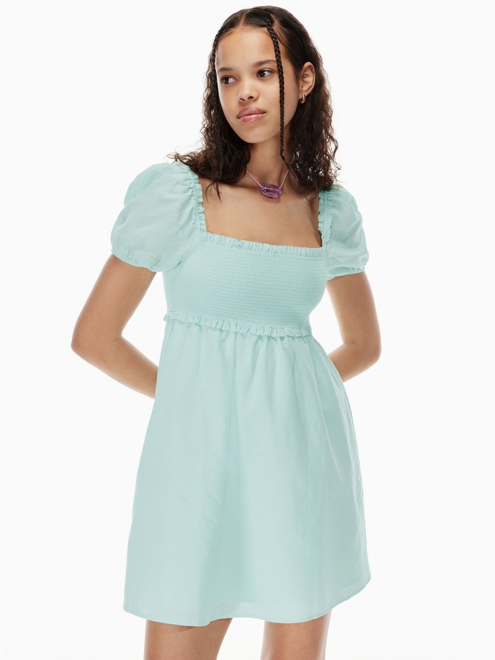 Aritzia Sunday Best Sz L Hadley Linen Cotton Blue Puff Sleeves Mini Dress